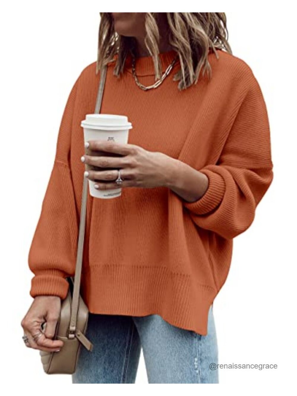 Oversized Tunic Sweater with Side Slit and Rib Texture